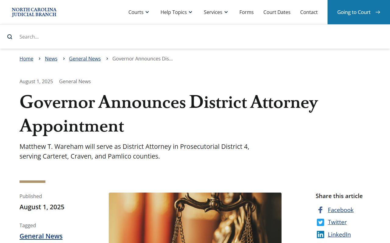 Pamlico County arrest records and District Attorney appointment