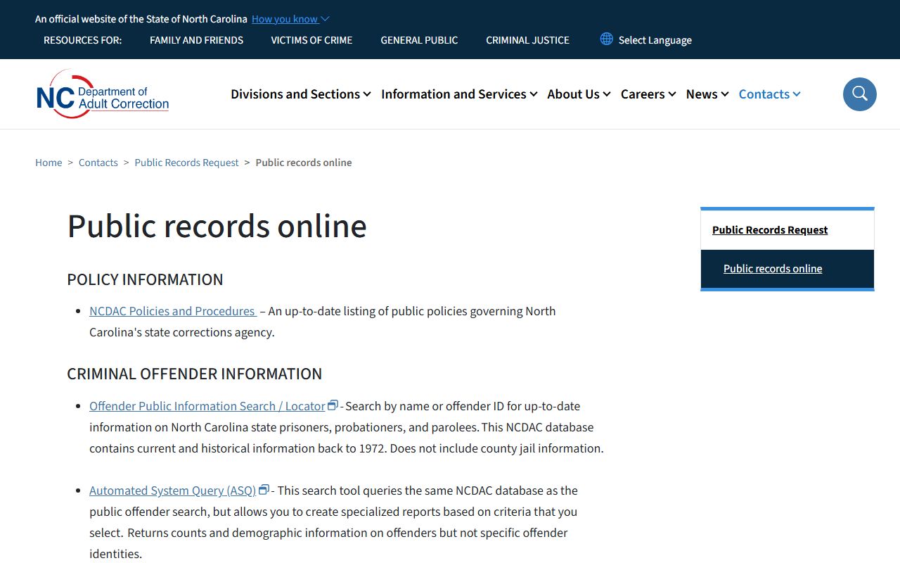 Pamlico County inmate records NC DAC public records limits
