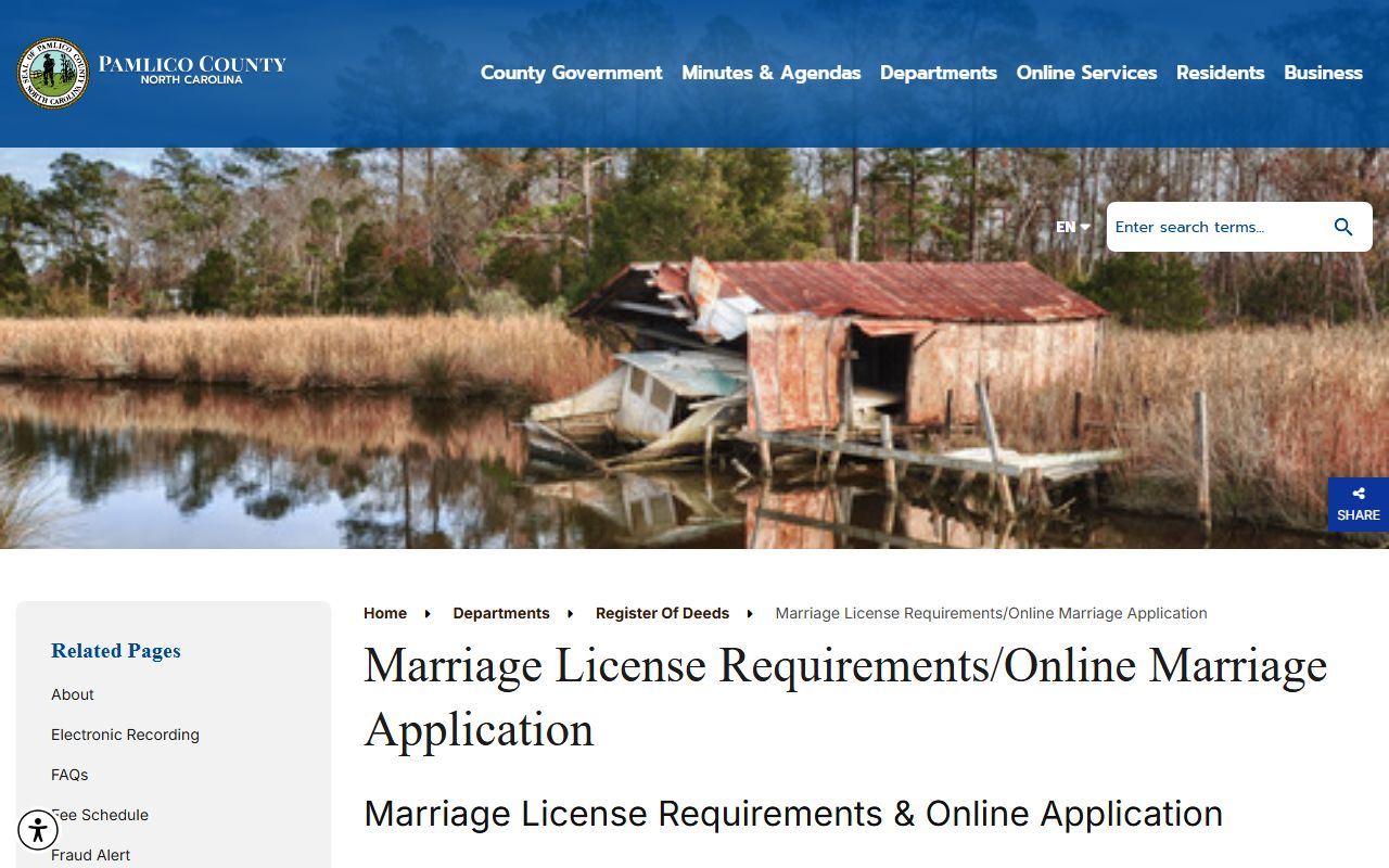 Pamlico County marriage records license requirements